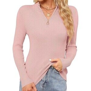 Women's sweater Long Sleeve Collared Fitted 1/4 Zip Pullover knit dust pink L